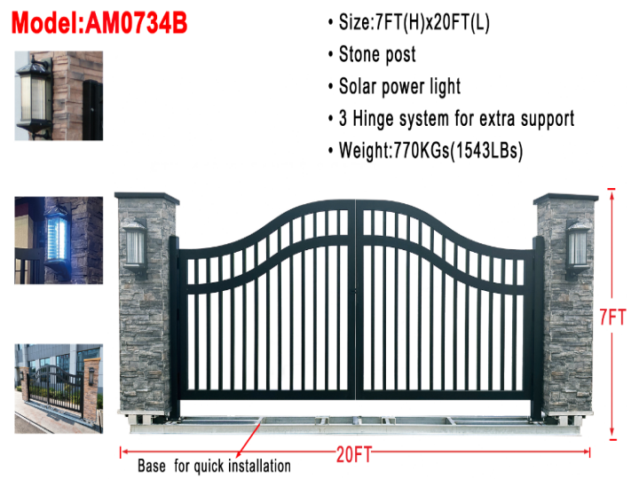 AllMetal Stone Post Metal Farm Driveway Gate, 20FTx7FT