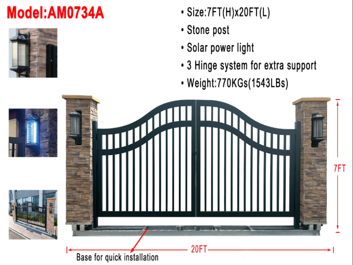 AllMetal Stone Post Metal Farm Driveway Gate, 20FTx7FT