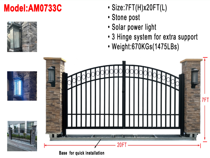 AllMetal Stone Post Metal Farm Driveway Gate, 20FTx7FT
