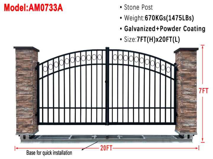 AllMetal Stone Post Metal Farm Driveway Gate, 20FTx7FT